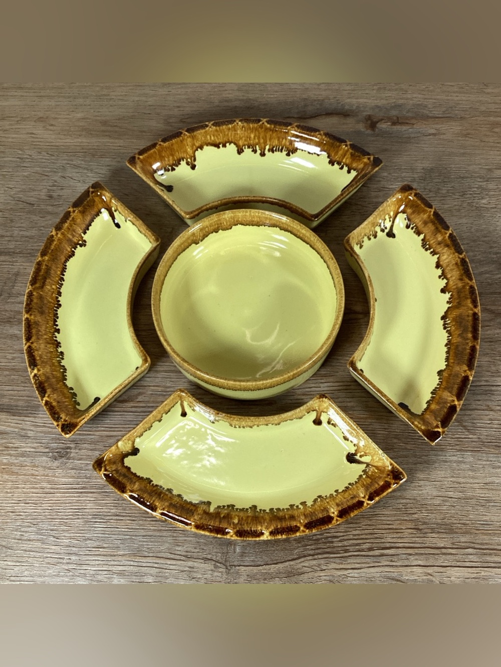 Vtg Lazy Susan Yellow & Brown Drip Ceramic Relish Tray 5 Bowls Set - Only Dishes